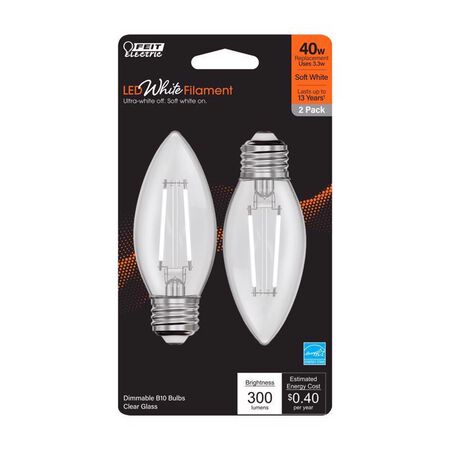 Feit White Filament B10 E26 (Medium) Filament LED Bulb Soft White 40 Watt Equivalence 2 pk