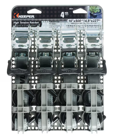 Keeper 1 in. W X 15 ft. L Gray Ratchet Tie Down Strap 500 lb 4 pk