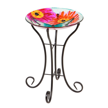 16” glass birdbath w/stand butterfly in sunflowers