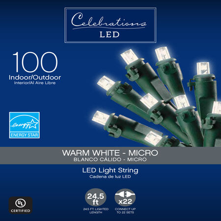 Celebrations LED Micro/5mm Warm White 100 ct String Christmas Lights 24.5 ft.