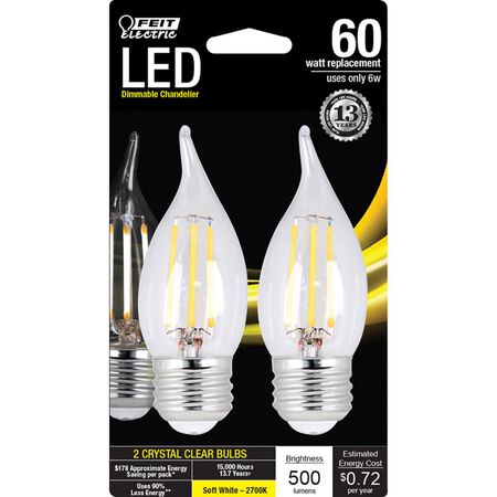 Feit Electric CA10 (Flame Tip) E26 (Medium) LED Light Bulb Soft White 60 Watt Equivalence 2 pk