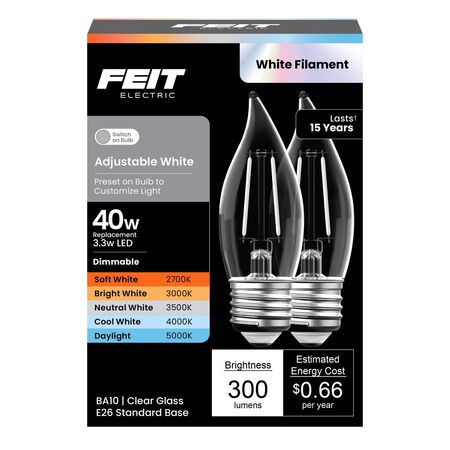 Feit BA10 E26 (Medium) LED Bulb Adjustable White 40 Watt Equivalence 2 Pack