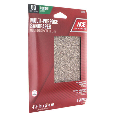 Ace 5-1/2 in. L X 4-1/2 in. W 60 Grit Aluminum Oxide 1/4 Sheet Sandpaper 6 pk