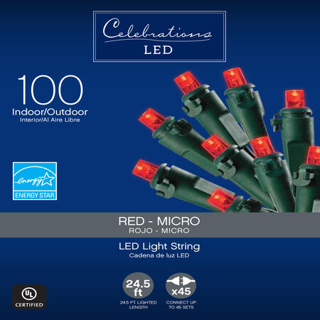 Celebrations LED Micro/5mm Red 100 ct String Christmas Lights 24.5 ft.