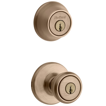 Kwikset Tylo Antique Brass Entry Lock and Single Cylinder Deadbolt ANSI/BHMA Grade 3 1-3/4 in.