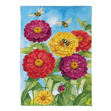 Evergreen Multicolor Zinnias & Bees Suede Garden Flag