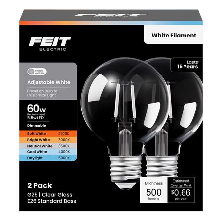 Feit G25 E26 (Medium) LED Bulb Adjustable White 60 Watt Equivalence 2 Pack