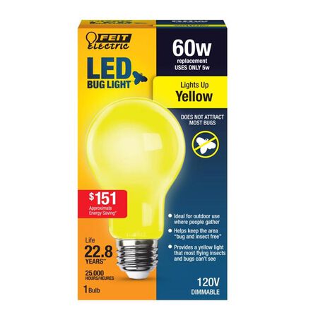 Feit A19 E26 (Medium) LED Bug Light Yellow 60 Watt Equivalence 1 pk