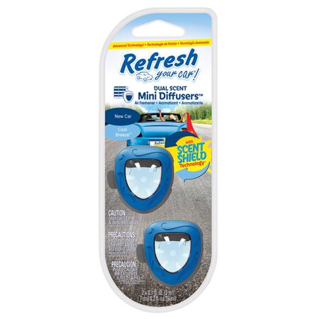 Refresh Your Car! Mini Diffusers New Car /Cool Breeze Scent Car Air Freshener 0.2 Oz Liquid 2 Pack