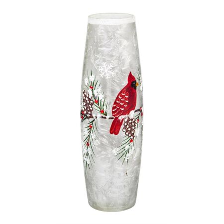 Evergreen LED Glass Hand painted Cardinal and Pinecone Cylinder