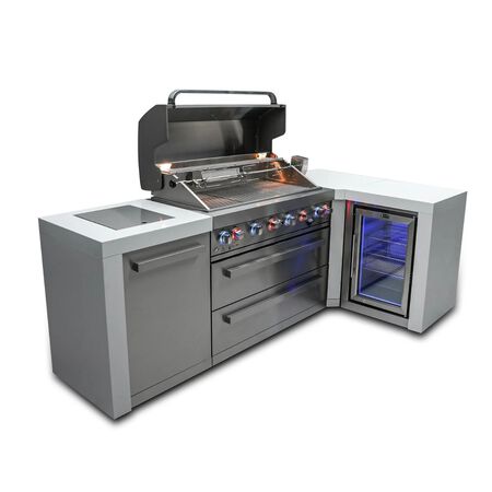 Mont Alpi 6-Burner Deluxe island with a 90-degree corner and a fridge cabinet