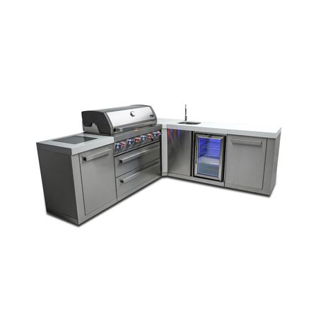 Mont Alpi 805 Island with Beverage Center and 90 Degree Corner / 6-Burner Grill, 2 Infrared Burners, Sink, Fridge, Stainless Steel