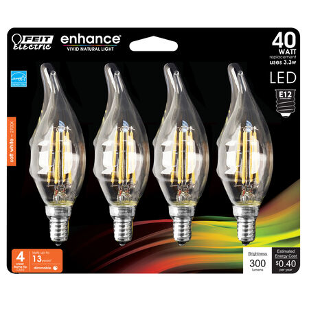 Feit Electric Enhance CA10 (Flame Tip) E12 (Candelabra) Filament LED Bulb Soft White 40 W 4 pk