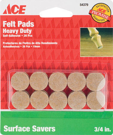 Ace Felt Round Self Adhesive Pad Brown 3/4 in. W 20 pk