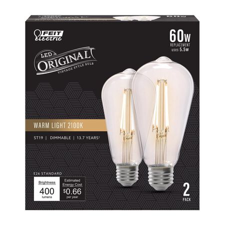 Feit ST19 E26 (Medium) Filament LED Bulb Warm Candle Light 60 Watt Equivalence 2 Pack