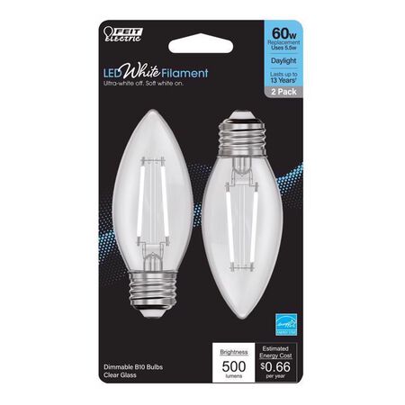 Feit White Filament B10 E26 (Medium) Filament LED Bulb Daylight 60 Watt Equivalence 2 pk