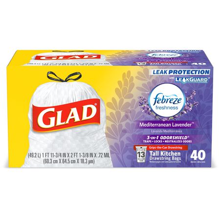 Glad 13 gal Lavender Scent Tall Kitchen Bags Drawstring 40 pk 0.78 mil