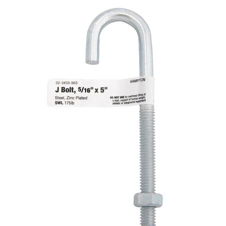 Hampton Medium Zinc-Plated Silver Zinc 5 in. L J-Bolt 150 lb 1 pk