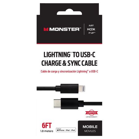 Monster Just Hook It Up Lightning to USB-C Charge and Sync Cable 6 ft. Black