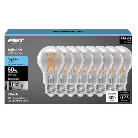 Feit A19 E26 (Medium) Filament LED Bulb Daylight 60 Watt Equivalence 8 Pack