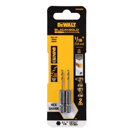 DeWalt Black & Gold 1/16 in. High Speed Steel Impact Ready Drill Bit Hex Shank 2 pc