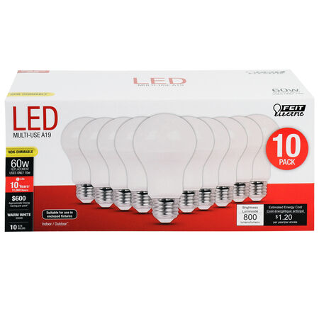 Feit Electric A19 E26 (Medium) LED Bulb Warm White 60 W 10 pk