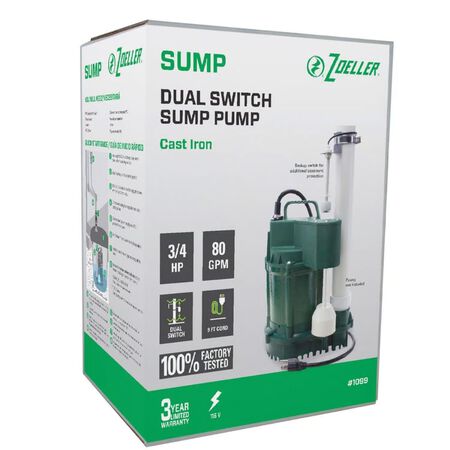 Zoeller 3/4 HP 80 gpm Cast Iron Vertical Float Switch AC Submersible Sump Pump 9 ft&sup3;