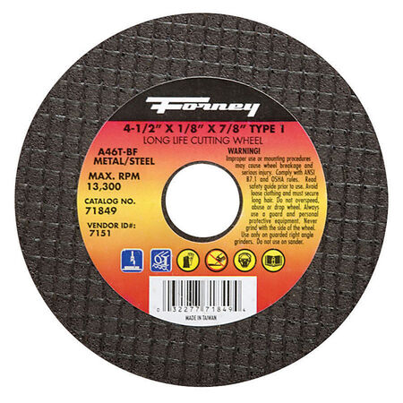 Forney 4-1/2 in. D X 7/8 in. Aluminum Oxide Metal Cut-Off Wheel 1 pc