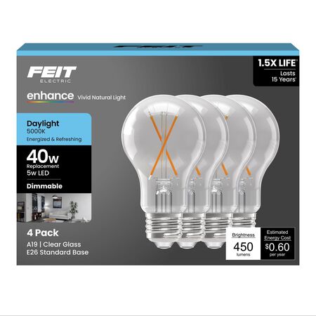 Feit Enhance A19 E26 (Medium) Filament LED Bulb Daylight 40 Watt Equivalence 4 pk