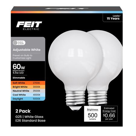 Feit G25 E26 (Medium) LED Bulb Adjustable White 60 Watt Equivalence 1 Pack