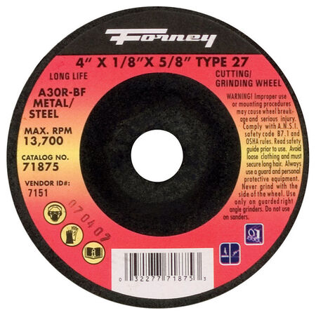 Forney 4 in. D X 1/8 in. thick T X 5/8 in. in. S Metal Grinding Wheel 1 pc