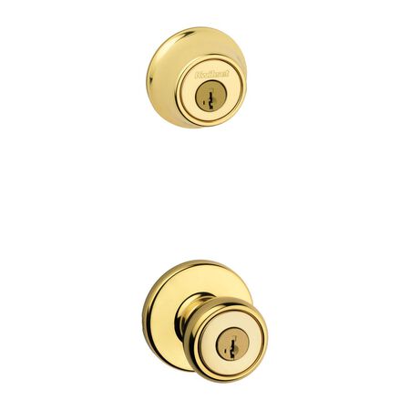 Kwikset Tylo Polished Brass Deadbolt and Passage Door Knob 1-3/4 in.