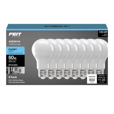 Feit A19 E26 (Medium) LED Bulb Daylight 60 Watt Equivalence 8 Pack