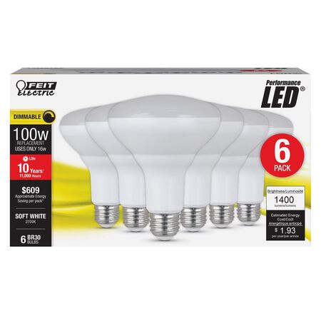 Feit BR30 E26 (Medium) LED Bulb Soft White 100 Watt Equivalence 6 Pack