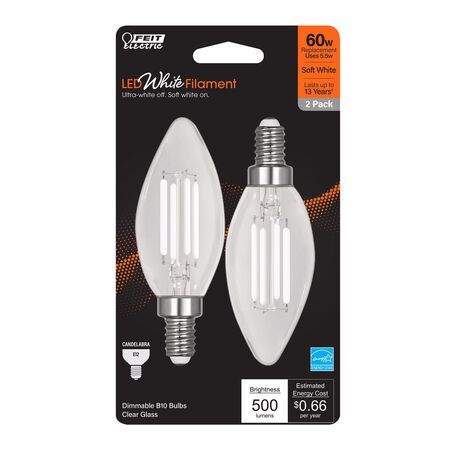 Feit Electric BA10 E12 (Candelabra) Filament LED Bulb Soft White 60 Watt Equivalence 2 pk