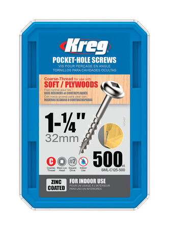 Kreg No. 8 S X 1-1/4 in. L Square Zinc-Plated Pocket-Hole Screw 500 pk