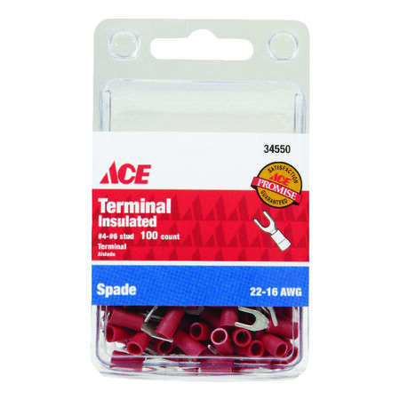 Ace Insulated Wire Spade Terminal Red 100 pk