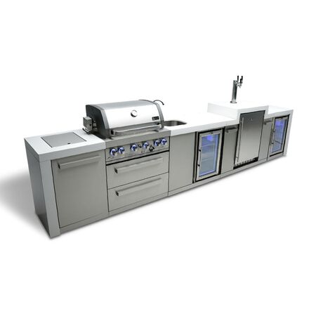 Mont Alpi 4-burner Deluxe Island with a kegerator, beverage center, and fridge cabinet
