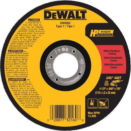 DeWalt 4-1/2 in. D X 7/8 in. Aluminum Oxide Metal Cut-Off Wheel 1 pc