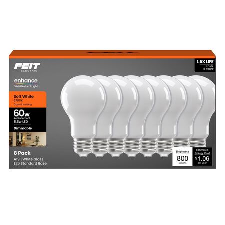 Feit A19 E26 (Medium) LED Bulb Soft White 60 Watt Equivalence 8 Pack