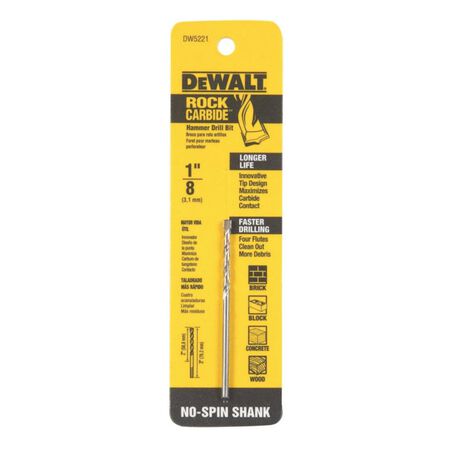 DeWalt 1/8 in. X 3 in. L Carbide Tipped Percussion Drill Bit 3-Flat Shank 1 pc
