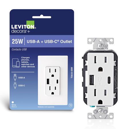 Leviton Decora 15 amps 125 V Type A/C Duplex White Outlet and USB Charger 5-15R 1 pk