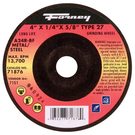 Forney 4 in. D X 1/4 in. thick T X 5/8 in. in. S Metal Grinding Wheel 1 pc