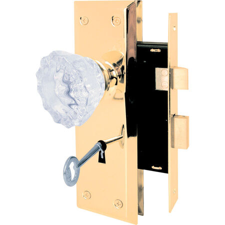 Prime-Line Victorian Bright Brass Keyed Mortise Lock Set 1-3/4 in.