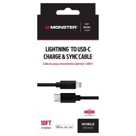 Monster Just Hook It Up Lightning to USB-C Charge and Sync Cable 10 ft. Black
