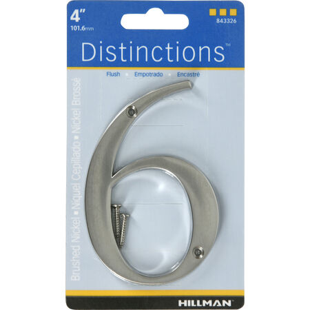 Hillman Distinctions 4 in. Silver Brushed Nickel Screw-On Number 6 1 pc
