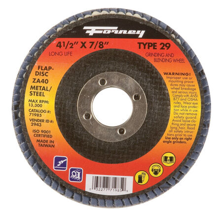 Forney 4-1/2 in. D X 7/8 in. Zirconia Aluminum Oxide Flap Disc 40 Grit 1 pc
