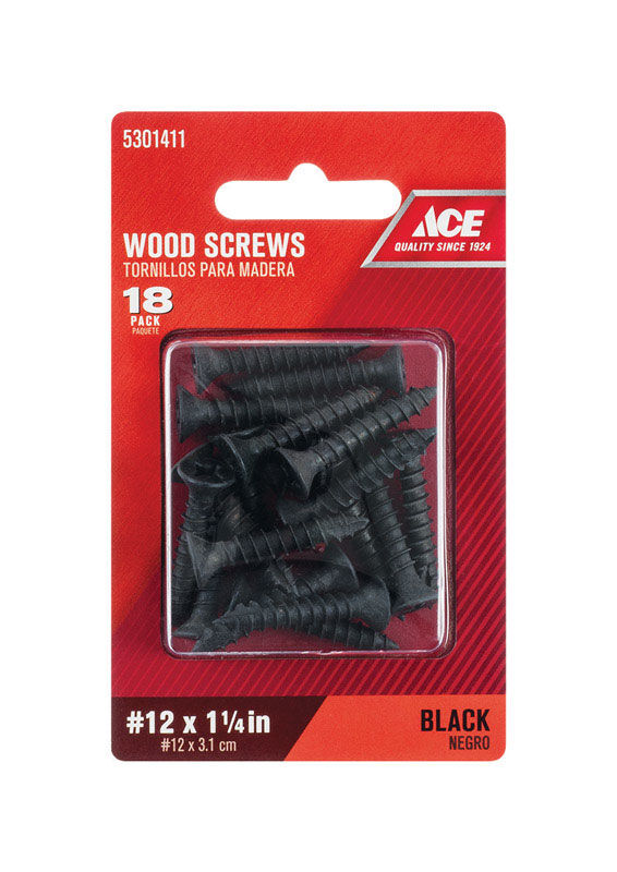 Ace Flat Wood Screw No. 12 x 11/4 in. L Black Steel 18 pk Stine Home
