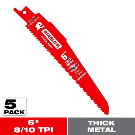 Diablo 6 in. Bi-Metal Thick Metal & Demolition Reciprocating Saw Blade 8/10 TPI 5 pk