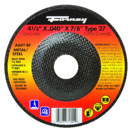 Forney 4-1/2 in. D X 7/8 in. S Aluminum Oxide Metal Cut-Off Wheel 1 pc